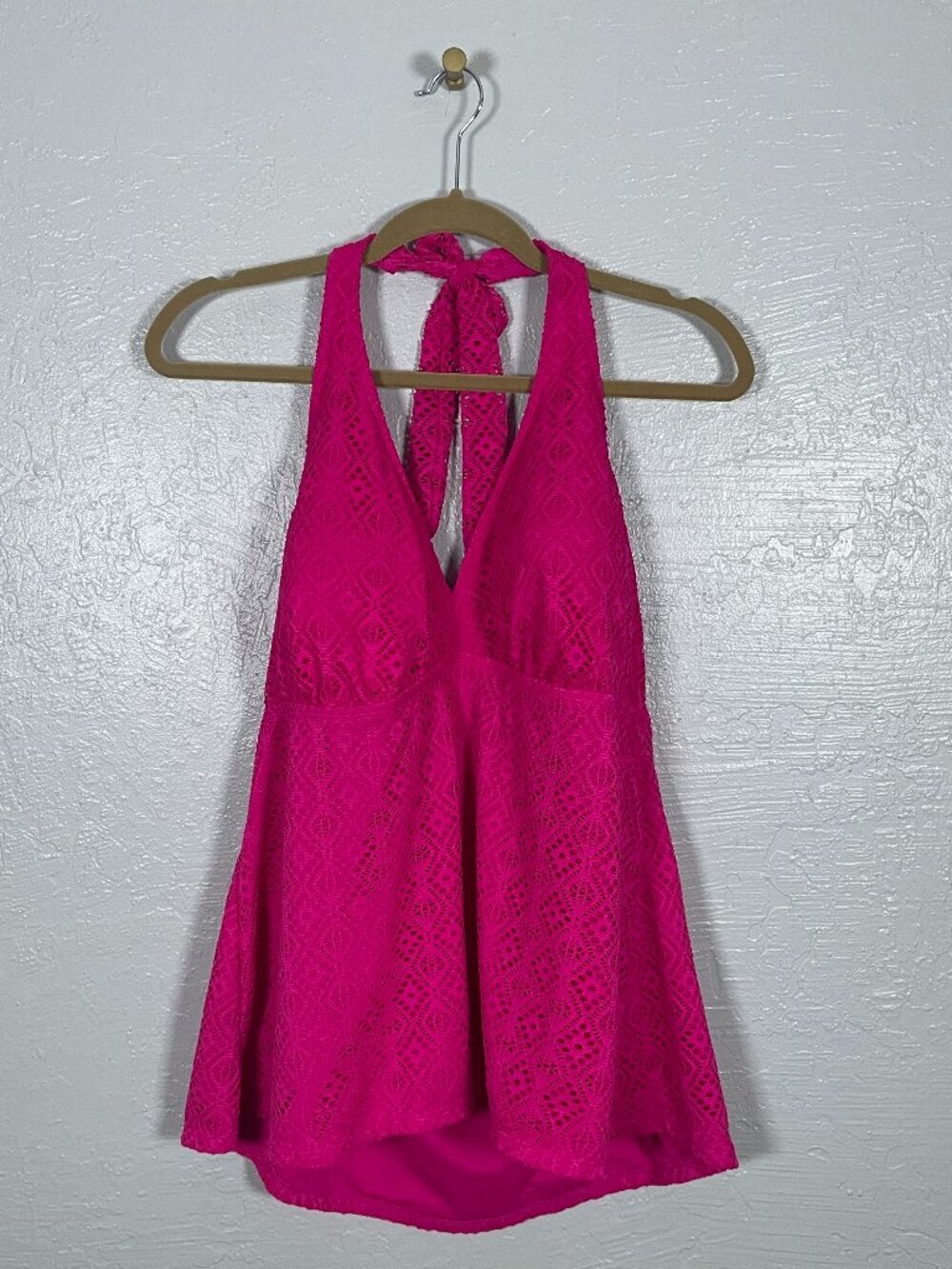 Catalina Women Plus Size 3X Pink Crochet Halter Tankini Swim Top Padded Summer